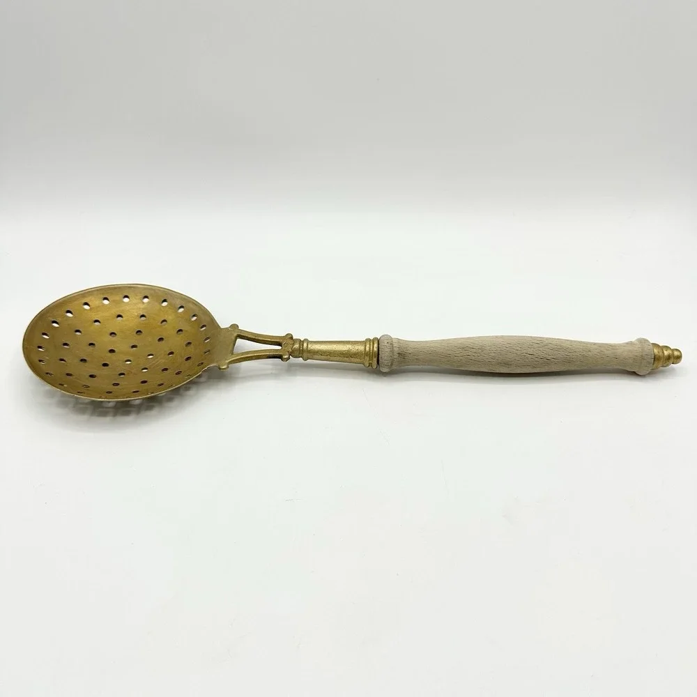 Vintage Metal Skimmer Slotted Spoon Ladle Utensil Wood Handle